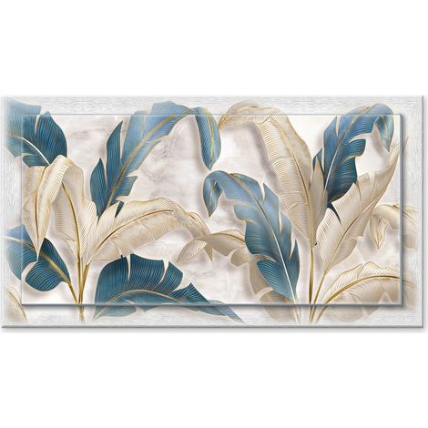 Lupia - Quadro moderno su Tela con Cornice stampata, NEWEXT 75x135 cm LEAVES WHITE BLUE BEIGE, stampa tela in cotone e cornice legno mdf, soggiorno, camera da letto, cucina, ufficio (1/4)
