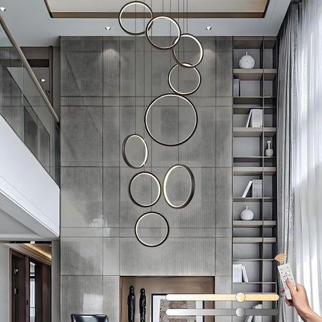 Lustre D'Escalier À LED, Lampe De Plafond Haut Moderne À 9 Anneaux Noirs, Lampe Suspendue Réglable En Hauteur Pour Entrée, Variateur Avec Télécommande 3000K-6000K, Couloir, Salon, Escaliers (1/5)