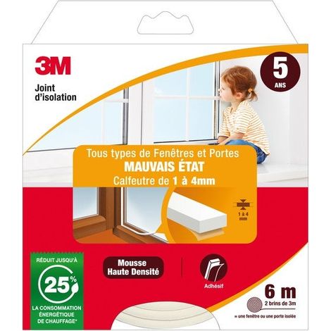 3M Joint Porte/Fenêtre Universel Joint Mauvais Etat 1 À 4 mm X 6 m Blanc