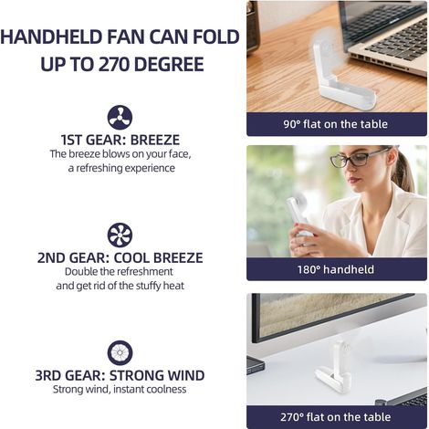 Jsdoin Mini Ventilateur Portable, Pliable Rechargeable Main USB Portatif Portable Ventilateur De Bureau, 3 Vitesses Avec Batterie Externe, pour Bureau, Extérieur (Blanc)