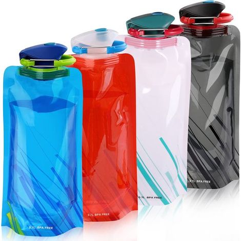 Botellas de agua plegables de 700 ml, Paquete de 4, Botellas de agua reutilizables con mosquetón para senderismo, Azul/Rojo/Blanco/Negro (1/5)