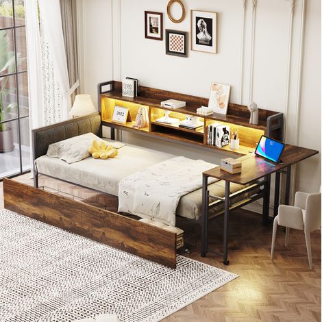 lit rangement adulte 90x200 bureau bois naturel OKMYHOME (1/5)