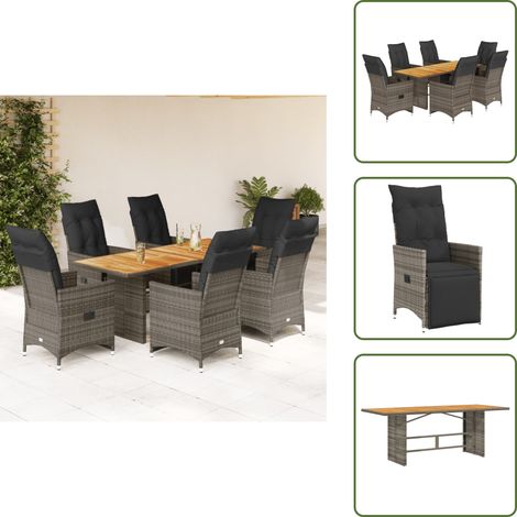 The Living Store Ensemble de bistro de jardin 7 pcs coussins gris poly rotin - Salon De Jardin - Set De Salon De Jardin - Fauteuil Inclinable - Mobilier De Jardin - Table Basse