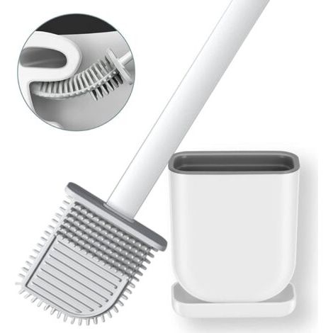 Brosse de toilette en silicone avec support pour cuvette de toilette avec poils en silicone Brosses de toilette flexibles pour brosse de nettoyage de salle de bain (Blanc)