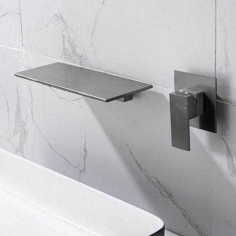Lavabo entièrement en cuivre gris anthracite avec double poignée, robinet encastré pour eau chaude et froide, robinet de lavabo mural.