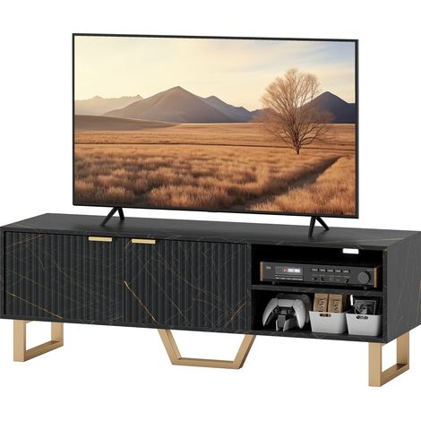 Marble Effect TV Unit, TV StCabinet for up to 70" TVs, Modern TV Cabinet with Shelves Storage Cupboard, Fluted Door, Extra Centre Leg, Cable Management for Living Room, Black (1/5)