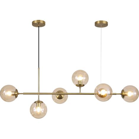 Linear Chandelier Globe 6 Lights Amber Glass Pendant Lamp Island Lighting Gold Kitchen Sputnik Long Brass for Dining Room Above Table (1/5)