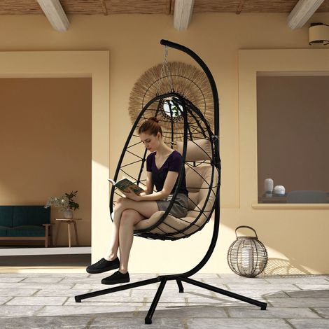 Silla Colgante Huevo con Soporte con Cesta Plegable Cojín y Reposacabezas para Interior y Exterior Carga 120 kg Caqui
