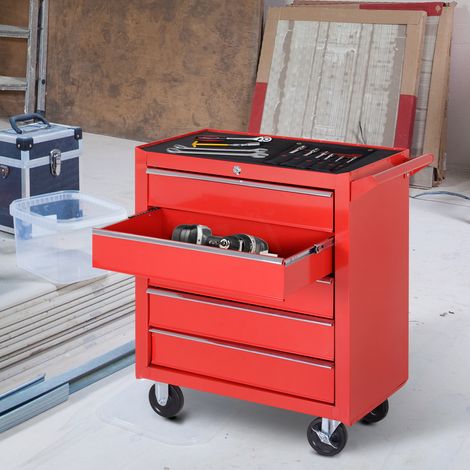 Carro de taller con ruedas y 5 cajones, acero rojo, con alfombrilla EVA, cerrable, 150 kg (1/5)