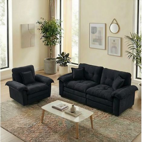 Conjunto sofá 1 plaza y 2 plazas chenilla negro OKMYHOME (1/5)