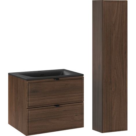 Ensemble meuble simple vasque encastrée 60cm et colonne Elias Bois foncé - Vasque noire (1/5)