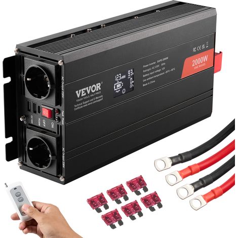 VEVOR Inversor de Corriente de Onda Sinusoidal Pura Inversor de Corriente 2000 W CC 12 V a CA 230 V con 2 Salidas de CA, 2 Puertos USB, 1 Puerto Tipo C y Control Remoto para telefonos inteligentes, PC (1/5)