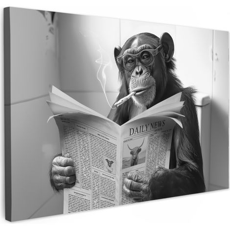 CUADRO EN LIENZO Mono - WC - Periódico - Blanco y negro - Humor Cuadros Para Dormitorio 30x20 cm
