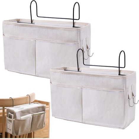 2 Pièce Organisateur de Chevet Lit, Panier de Lit Chevet Suspendu, Poche de Lit Organisateur, Organisateur de Chevet Suspendu, pour Bureau, Lit de Chambre, Cuisine (Blanc) (1/5)