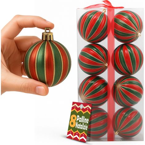 Box 8 Palline di Natale per Albero Sfere Natalizie Addobbo Rosso e Verde da 10cm (1/5)
