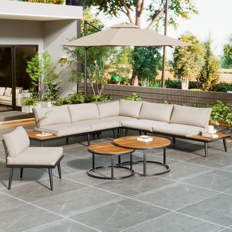 Salon de jardin 5-6 personnes - Structure en fer galvanisé - 2 canapé+2 fauteuils+2 tables - Coussins - Beige (1/5)