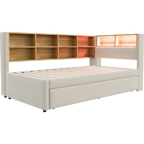 Sofá cama multifuncional 90 x 200 cm con cama nido 90 x 190 cm LED y enchufes beige MODENUIT (1/5)