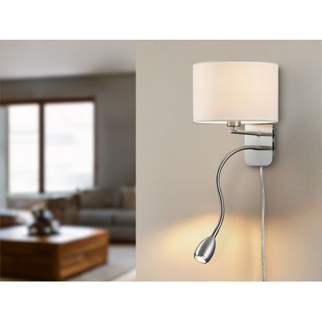 LED Wandleuchte Silber matt mit Stoffschirm Weiß & Leselampe, Höhe 23,5cm (1/5)