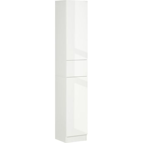 Meuble colonne rangement salle de bain - 30l x 28P x 170H cm, blanc laqué - Style contemporain avec 2 placards, 3 étagères et 1 tiroir coulissant - Design brillant (1/5)