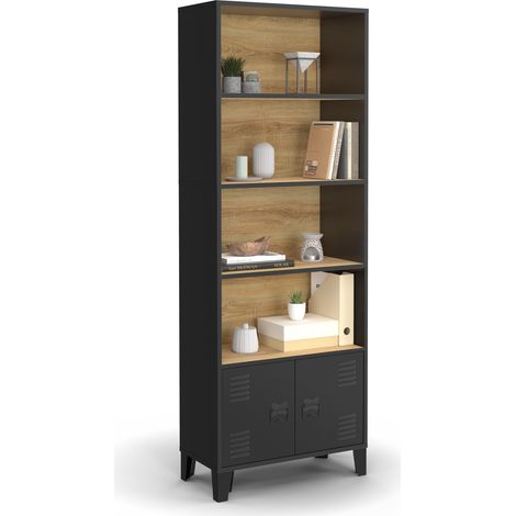 Libreria a 4 livelli con armadio ESTER con ante in metallo nero e piano in legno dal design industriale (1/5)