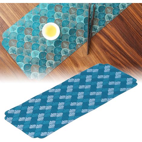 Sets de table brodés en maille style chinois pour service à thé, idéal pour la maison ou le salon de thé, motif éventail bleu turquoise. (1/5)