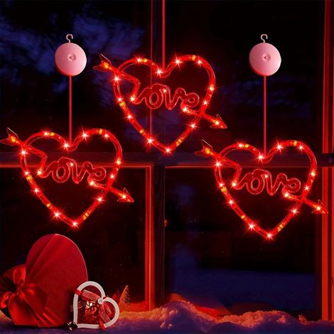 Lampe LED Suspendue - Ventouse - Forme De Cœur - Pour Décoration Intérieure - Fête Des Amoureux - Salon Chambre - 20 x 20 cm - Lot De 3 (1/5)