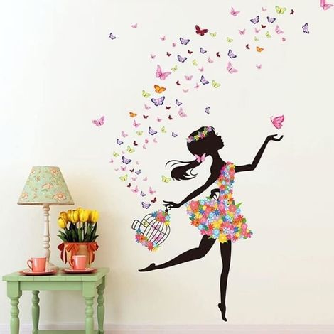 Autocollants muraux - Romantique - Fille - Fée et Papillon - 60cm x 90cm - Vinyle écologique (1/4)