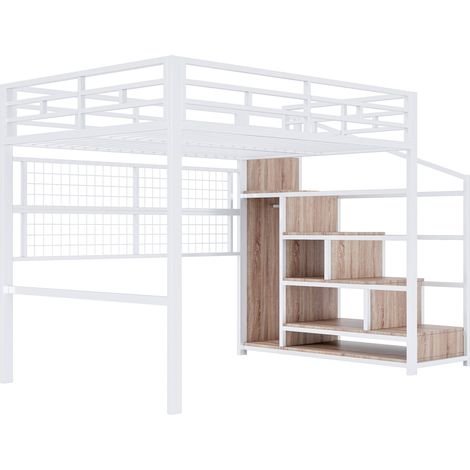 Letto a soppalco 140 x 200 cm in metallo bianco con armadio, scala contenitore e LED 7 colori (1/5)