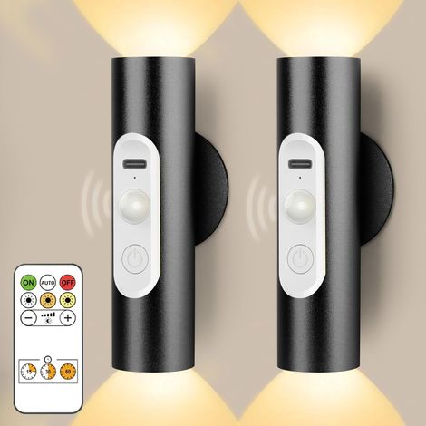 Applique Lampe Murale Sans Fil avec Detecteur de Mouvement et Télécommande 2000mAh Pile Rechargeable USB, 3 Température, 2 Veilleuse LED de Lecture Chevet avec Interrupteur pour Chambre Interieur Noi (1/5)