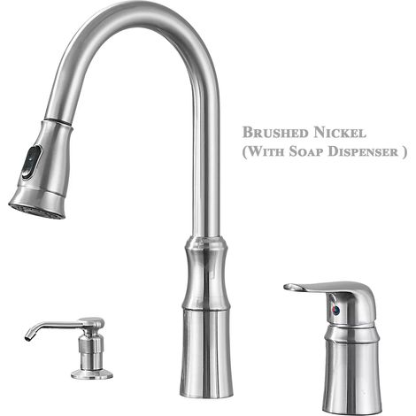 (Nickel brossé B) Robinet d'évier de cuisine avec douchette extractible, poignée unique, mitigeur à deux trous. (1/5)