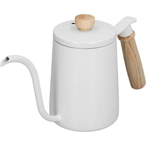 Bouilloire à café filtre 600 ml en acier inoxydable 304 avec bec verseur en col de cygne et poignée en bois, blanche. (1/5)