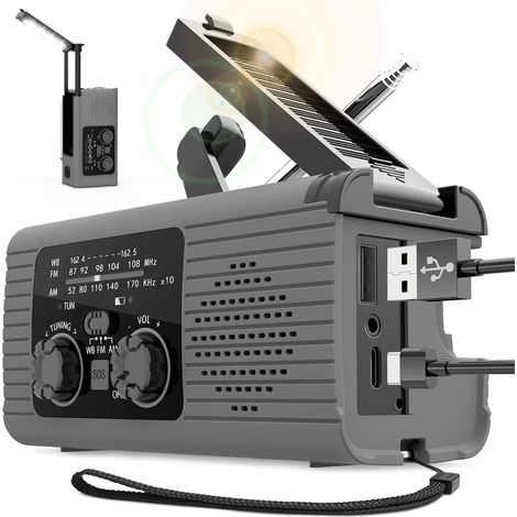 Radio à manivelle,Radio à manivelle à énergie solaire Radio AM/FM/NOAA alimentée par batterie Radio d'alarme SOS, charge à 3 voies, Radio de survie, batterie externe pour voyages, Camping, randonn (1/5)