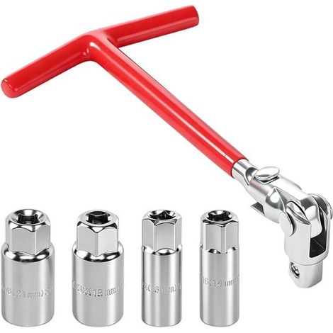 Clé à bougies avec poignée en T - 5 pièces - Comprend 4 douilles (14, 16, 18 et 21 mm) - Rouge (1/5)