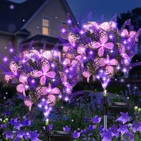 Lot de 2 lampes solaires papillon lavande à 7 têtes, LED, imitation fleur réaliste, lampe solaire pour pelouse, lampe de sol (1/5)