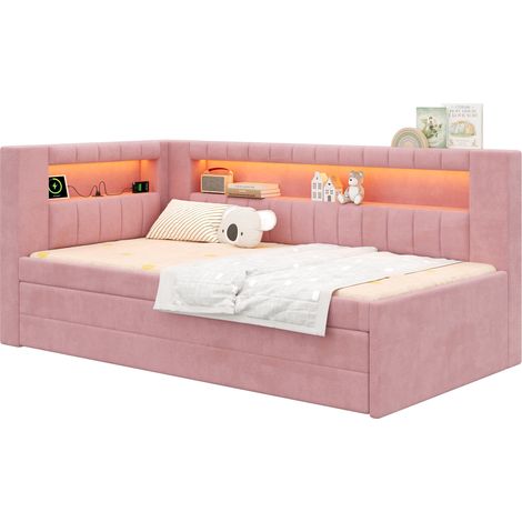 CHICFURN Lit banquette 90x200 cm rose en MDF et lin, avec LED, USB et rangements (1/5)