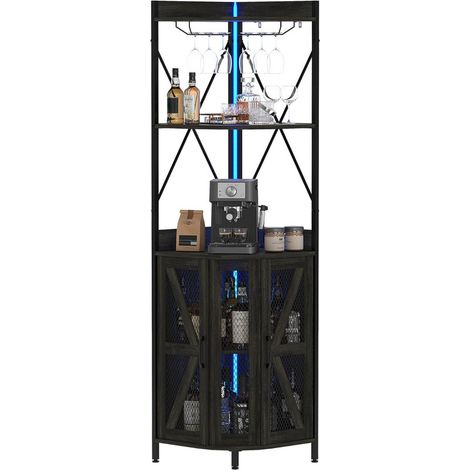 Buffet Bar à Vin d'Angle Industriel 5 Niveaux avec Portes en Verre et Éclairage LED,noir (1/5)