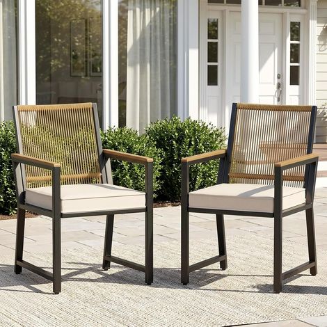 2er-Set Rattan-Gartenstühle, Outdoor-Stühle mit abnehmbaren Kissen, Esszimmerstühle, Belastbarkeit bis 160 kg, Beige (1/5)