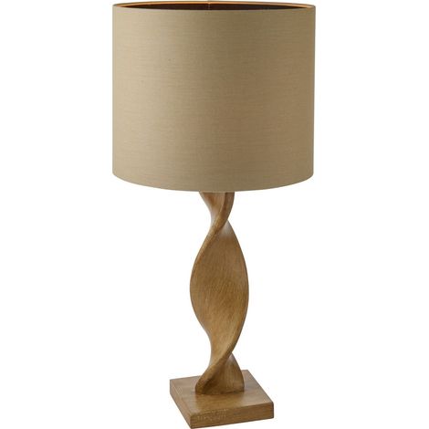 Lampada da tavolo in resina effetto rovere, paralume in lino naturale (1/5)