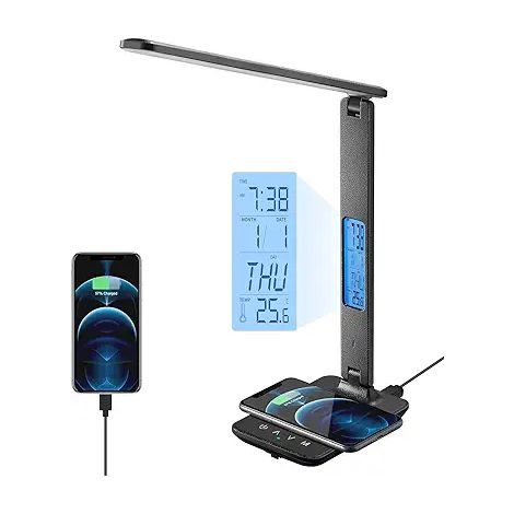 10-W-kabellose, wiederaufladbare Schreibtischlampe mit USB-Anschluss, Uhr und Wecker, Datums- und Temperaturanzeige, faltbar, schwarz (1/4)