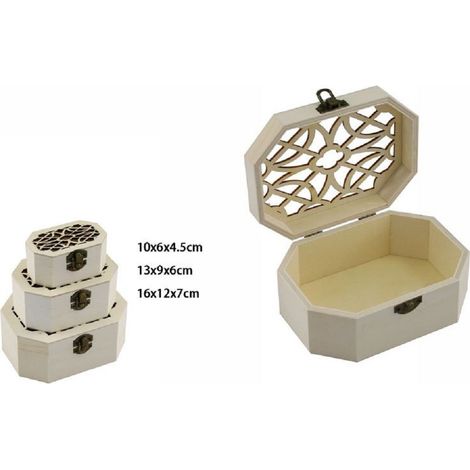 Set 3 Pz Boîtes En Bois Découpage Porte-monnaie Octogonale