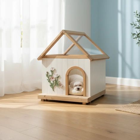 Casita decorativa de madera para gatos – Muebles de interior para mascotas de madera maciza con certificación FSC® para gatos y perros pequeños, estilo cabaña. (1/5)