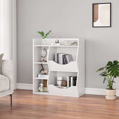 Rangement méthode éducative double face pour enfants – Bibliothèque et meuble à jouets 3 niveaux, 5 casiers – Bois résistant – Convient chambre, salon, maternelle – Couleur : blanc (1/5)