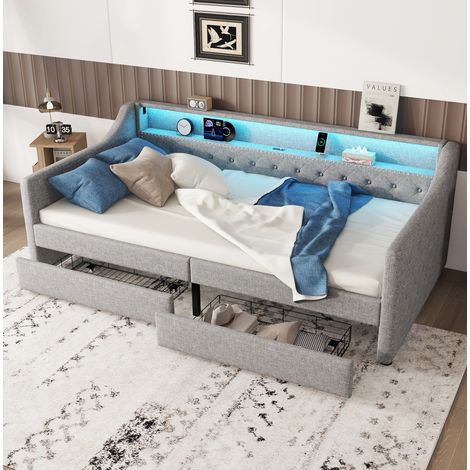 Letto Singolo 90x200 cm con 2 Cassetti e Testiera LED in Tessuto Grigio (1/5)
