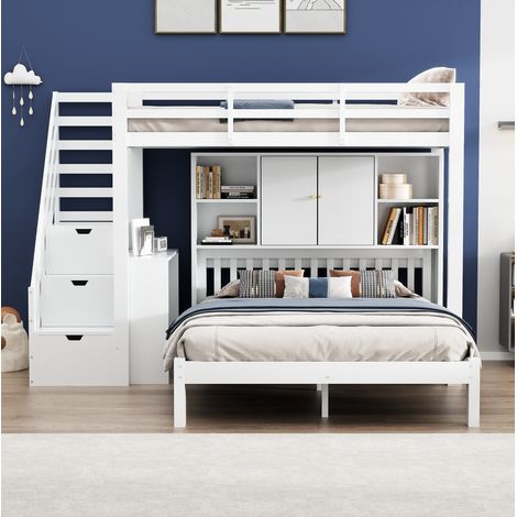 MODFU – Letto a castello 90x200 + 140x200 cm in legno/MDF con vano contenitore, scala, tavolino mobile e rete a doghe – Bianco (1/5)