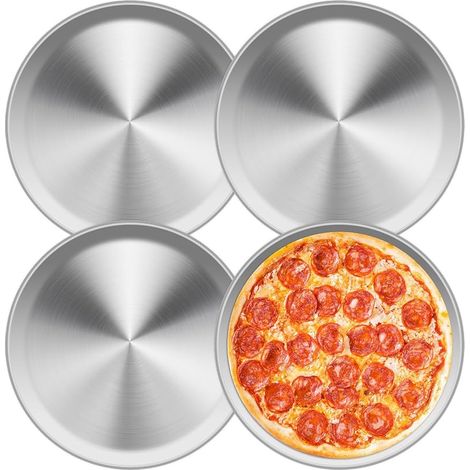 Set mit 4 runden Pizzablechen aus Edelstahl, 26 cm Durchmesser – Ofenformen zum Backen, Servieren und Braten, leicht zu reinigen und spülmaschinenfest (1/5)