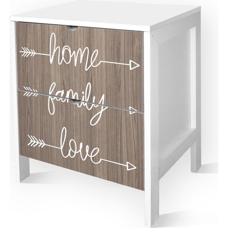 Lupia - Cassettiera Comodino MOBILE ITALY, Stile Minimal in Legno, 2 Cassetti, Stampa HOME FAMILY LOVE, Adatta a Ogni Stanza, 39x29xH45 cm, organizer Colore Bianco decorato stampato