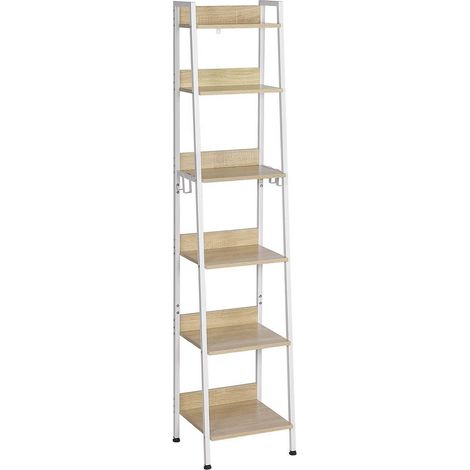 WOLTU Standregal mit 6 Ebenen, Küchenregal mit 4 Haken, Bücherregal im Industriestil, Lagerregal im Wohnzimmer Küche, Regal aus MDF Metall, schmales Leiterregal weiß