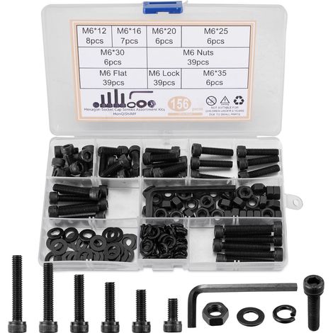 156 pièces Vis à tête creuse M6 noires, M6 en Acier allié, vis à boulons câble à tête, jeu d'acier allié avec écrou, Boulons Vis avec écrous Tete Cylindrique Assortiment (1/5)