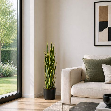 Sansevieria artificielle en pot plastique, plante artificielle réaliste, 90 cm de haut.