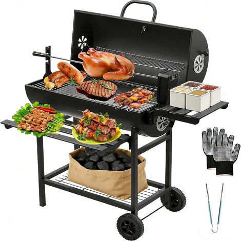 Grill XXL à Charbon de Bois avec Couvercle, Chariot à Barbecue avec Grille à Poulet, Barbecue américain Charbon de Bois, Barbecue à Charbon pour le Jardin, la Terrasse, le Camping (1/5)